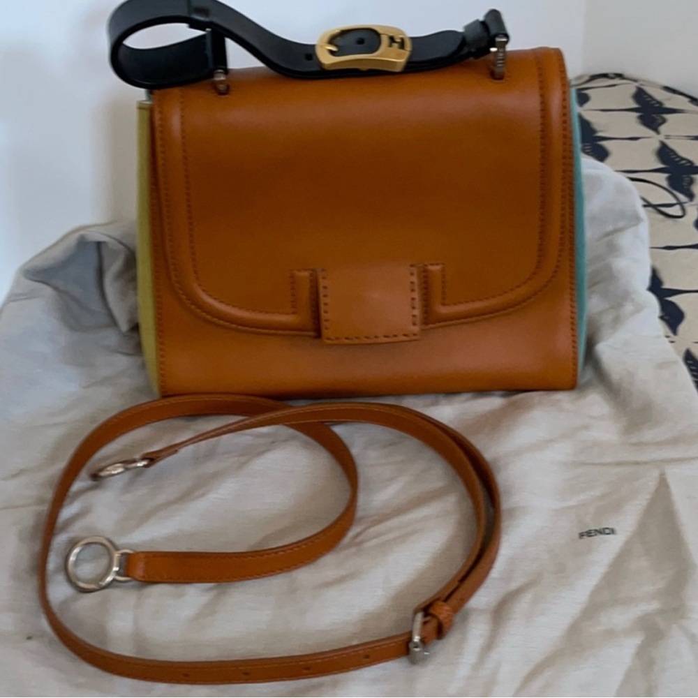 Fendi 🩵🤎❤️🤍💛💙 Silvana Leather Flap Turn-Lock Penguin Striped Canvas w/ Strap